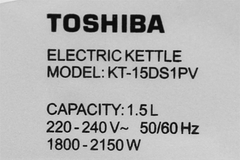 Bình đun siêu tốc Toshiba KT-15DS1PV – 1.5 lít, công suất 1800–2150W, ruột inox SUS 304, đun nước nhanh chóng và an toàn