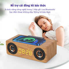 Loa Gỗ Bluetooth Tích Hợp Sạc Không Dây, Dung Lượng Pin 12000mAh