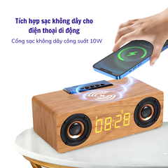 Loa Gỗ Bluetooth Tích Hợp Sạc Không Dây, Dung Lượng Pin 12000mAh