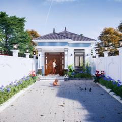 V798 | Bản vẽ thiết kế mẫu nhà mái Nhật SÂN VƯỜN CỰC ĐẸP, 1 tầng 3 phòng ngủ, kích thước 6x19m, bản in A3 đẹp, có phối cảnh 3D