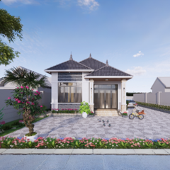 V292 | Bản vẽ thiết kế mẫu nhà vườn mái Nhật hiện đại, 1 tầng 3 phòng ngủ, kích thước 7.5x16m, bản in A3 đẹp, có phối cảnh 3D