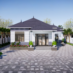 V781 | Bản vẽ thiết kế mẫu nhà mái Nhật hiện đại, 1 tầng 3 phòng ngủ, kích thước15x12.5m, bản in A3 đẹp, có phối cảnh 3D