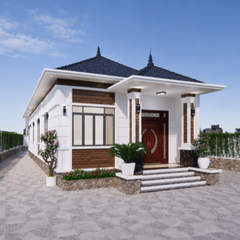 V429 | Bản vẽ thiết kế mẫu nhà cấp 4 mái Nhật tân cổ điển 3 phòng ngủ, kích thước 7x20m, bản in A3 đẹp, có phối cảnh 3D