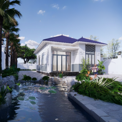 V832 | Bản vẽ thiết kế mẫu nhà vườn mái Nhật hiện đại, 1 tầng 3 phòng ngủ, kích thước 7.5x10m, bản in A3 đẹp, có phối cảnh 3D