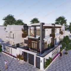 V699 | Bản vẽ thiết kế biệt thự phố hiện đại 2 tầng 4 phòng ngủ, kích thước 8x18m, bản in A3 đẹp, phối cảnh 3D