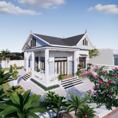 V424 | Bản vẽ thiết kế mẫu nhà vườn mái Thái hiện đại 1 tầng 2 phòng ngủ, kích thước 8x12m, bản in A3 đẹp, có phối cảnh 3D