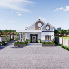 V473 | Bản vẽ thiết kế mẫu nhà mái Thái hiện đại 1 tầng 4 phòng ngủ, kích thước 11.5x19.5m, bản in A3 đẹp, có phối cảnh 3D