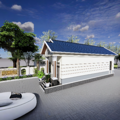 V368 | Bản vẽ thiết kế Kiến trúc mẫu nhà cấp 4 mái Thái hiện đại 2 phòng ngủ, kích thước 5.2x14.3m, bản in A3 đẹp, phối cảnh 3D