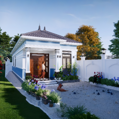 V798 | Bản vẽ thiết kế mẫu nhà mái Nhật SÂN VƯỜN CỰC ĐẸP, 1 tầng 3 phòng ngủ, kích thước 6x19m, bản in A3 đẹp, có phối cảnh 3D