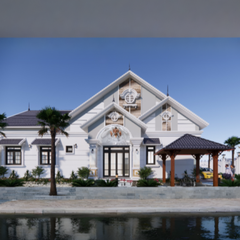 V533 | Bản vẽ thiết kế mẫu nhà vườn mái Thái rộng rãi 1 tầng 4 phòng ngủ, kích thước 9x19m, in A3 đẹp, phối cảnh 3D