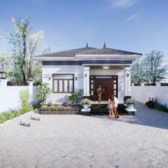 V724 | Bản vẽ thiết kế mẫu nhà vườn mái Nhật, 1 tầng 3 phòng ngủ, kích thước 11x13m, bản in A3 đẹp, có phối cảnh 3D