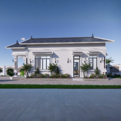 V383 | Bản vẽ thiết kế mẫu nhà cấp 4 mái Thái tân cổ điển, 3 phòng ngủ, kích thước 8.5x12.5m, bản in A3 đẹp, có phối cảnh 3D