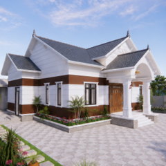 V335 | Bản vẽ thiết kế mẫu nhà mái Thái tân cổ điển, 1 tầng 4 phòng ngủ, kích thước 8x19m, bản in A3 đẹp, có phối cảnh 3D