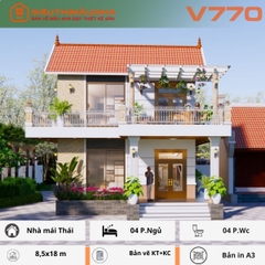 V770 | Bản vẽ thiết kế Kiến trúc, Kết cấu nhà mái Thái 2 tầng 4 phòng ngủ khép kín, kích thước 8,5x18m, in A3 đẹp, phối cảnh 3D