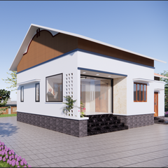 V623 | Bản vẽ thiết kế mẫu nhà cấp 4 mái Thái hiện đại-tối giản 2 phòng ngủ, kích thước 12x7.5m, bản in A3 đẹp, có phối cảnh 3D