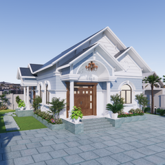 V549 | Bản vẽ thiết kế mẫu nhà vườn cấp 4 mái Thái, 3 phòng ngủ, kích thước 9.8x9.4m, bản in A3 đẹp, có phối cảnh 3D
