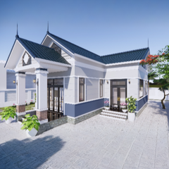 V401 | Bản vẽ thiết kế mẫu nhà mái Thái hiện đại 1 tầng 3 phòng ngủ, kích thước 8.2x10.6m, bản in A3 đẹp, có phối cảnh 3D