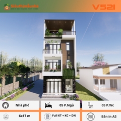 V521 | Bản vẽ thiết kế Full hồ sơ mẫu nhà phố hiện đại 4 tầng 1 tum, kích thước 6x17m, 5 phòng ngủ, bản in A3 đẹp phối cảnh 3D