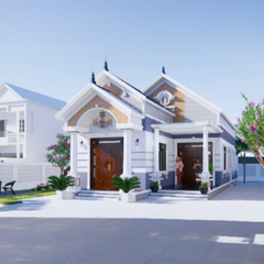 V426 | Bản vẽ thiết kế mẫu nhà mái Thái tân cổ điển 1 tầng 3 phòng ngủ, kích thước 7.5x20m, bản in A3 đẹp, có phối cảnh 3D