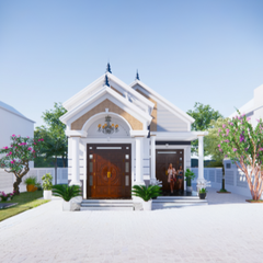 V426 | Bản vẽ thiết kế mẫu nhà mái Thái tân cổ điển 1 tầng 3 phòng ngủ, kích thước 7.5x20m, bản in A3 đẹp, có phối cảnh 3D