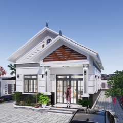 V530 | Bản vẽ thiết kế mẫu nhà mái Thái hiện đại 1 tầng 2 phòng ngủ, kích thước 8x13.5m, bản in A3 đẹp, có phối cảnh 3D