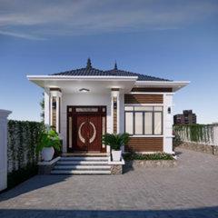 V429 | Bản vẽ thiết kế mẫu nhà cấp 4 mái Nhật tân cổ điển 3 phòng ngủ, kích thước 7x20m, bản in A3 đẹp, có phối cảnh 3D