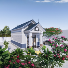 V401 | Bản vẽ thiết kế mẫu nhà mái Thái hiện đại 1 tầng 3 phòng ngủ, kích thước 8.2x10.6m, bản in A3 đẹp, có phối cảnh 3D