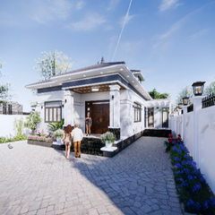 V724 | Bản vẽ thiết kế mẫu nhà vườn mái Nhật, 1 tầng 3 phòng ngủ, kích thước 11x13m, bản in A3 đẹp, có phối cảnh 3D