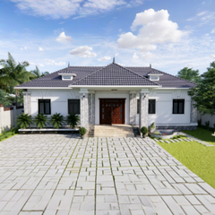 V338 | Bản vẽ thiết kế mẫu nhà vườn cấp 4 mái Nhật rộng rãi 4 phòng ngủ, kích thước 20x9m, bản in A3 đẹp, có phối cảnh 3D
