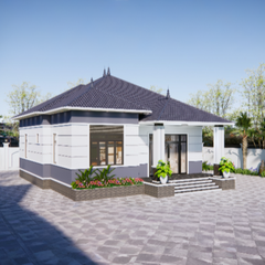 V781 | Bản vẽ thiết kế mẫu nhà mái Nhật hiện đại, 1 tầng 3 phòng ngủ, kích thước15x12.5m, bản in A3 đẹp, có phối cảnh 3D