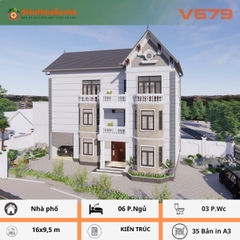 V679 | Bản vẽ thiết kế Kiến trúc mẫu biệt thự vườn sang trọng 4 tầng 6 phòng ngủ, kích thước 16x9.5m, in A3 đẹp, phối cảnh 3D