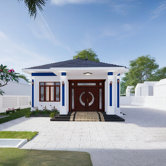 V456 | Bản vẽ thiết kế mẫu nhà vườn mái Nhật tân cổ điển, 1 tầng 3 phòng ngủ, kích thước 9.2x9.5m, bản in A3 đẹp, phối cảnh 3D