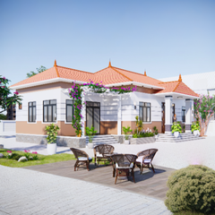 V459 | Bản vẽ thiết kế mẫu nhà cấp 4 mái Nhật hiện đại kết hợp nét truyền thống 4 phòng ngủ, bản in A3 đẹp, có phối cảnh 3D