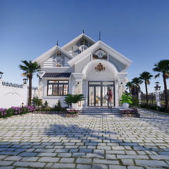 V533 | Bản vẽ thiết kế mẫu nhà vườn mái Thái rộng rãi 1 tầng 4 phòng ngủ, kích thước 9x19m, in A3 đẹp, phối cảnh 3D