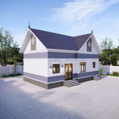 V633 | Bản vẽ thiết kế mẫu nhà vườn mái Thái hiện đại 1 tầng 3 phòng ngủ, kích thước 11.5x8.8m, bản in A3 đẹp, có phối cảnh 3D