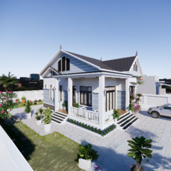 V424 | Bản vẽ thiết kế mẫu nhà vườn mái Thái hiện đại 1 tầng 2 phòng ngủ, kích thước 8x12m, bản in A3 đẹp, có phối cảnh 3D