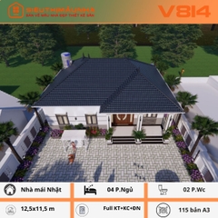 V814 | Bản vẽ kiến trúc mẫu nhà mái Nhật 1 tầng 4 phòng ngủ kích thước 12,5x11,5m
