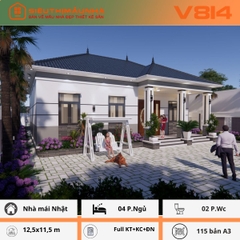 V814 | Bản vẽ kiến trúc mẫu nhà mái Nhật 1 tầng 4 phòng ngủ kích thước 12,5x11,5m