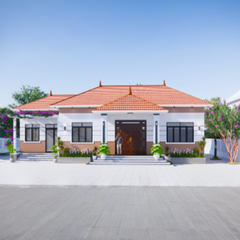 V459 | Bản vẽ thiết kế mẫu nhà cấp 4 mái Nhật hiện đại kết hợp nét truyền thống 4 phòng ngủ, bản in A3 đẹp, có phối cảnh 3D