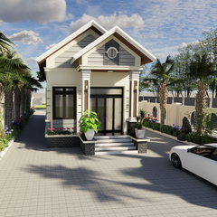 V368 | Bản vẽ thiết kế Kiến trúc mẫu nhà cấp 4 mái Thái hiện đại 2 phòng ngủ, kích thước 5.2x14.3m, bản in A3 đẹp, phối cảnh 3D
