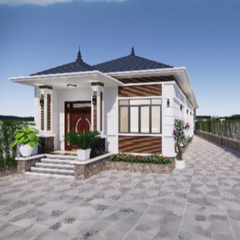 V429 | Bản vẽ thiết kế mẫu nhà cấp 4 mái Nhật tân cổ điển 3 phòng ngủ, kích thước 7x20m, bản in A3 đẹp, có phối cảnh 3D