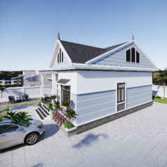 V424 | Bản vẽ thiết kế mẫu nhà vườn mái Thái hiện đại 1 tầng 2 phòng ngủ, kích thước 8x12m, bản in A3 đẹp, có phối cảnh 3D