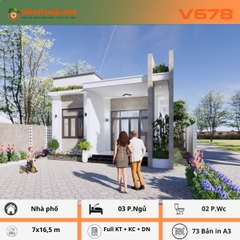 V678 | Bản vẽ thiết kế Full hồ sơ mẫu nhà mái bằng hiện đại 1 tầng 3 phòng ngủ, kích thước 7x16.5m, bản in A3 đẹp, phối cảnh 3D