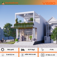 V680 | Bản vẽ thiết kế Kiến trúc & Điện nước mẫu nhà phố 2 tầng 2 phòng ngủ, kích thước 5.4x12.5m, in A3 đẹp, chi phí tiết kiệm