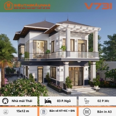V731 | Bản vẽ phương án công năng mẫu nhà mái Nhật 2 tầng 3 phòng ngủ và 1 phòng làm việc, kích thước 8x15m, bản in A3 đẹp