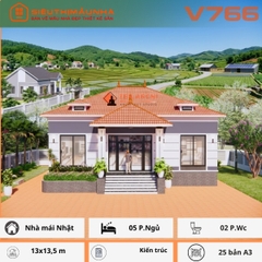 V766 | Bản vẽ thiết kế mẫu nhà cấp 4 mái Nhật hiện đại, rộng rãi, 5 phòng ngủ, kích thước 14x10.5m, bản in A3 đẹp, phối cảnh 3D
