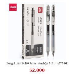 Bút gel bấm Deli 0.5mm - đen hộp 5 cây - A575-DE