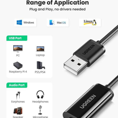 Dây USB 2.0 mở rộng sang đồng thời 2 cổng 3.5mm cho tai nghe + mic không cần driver UGREEN US205