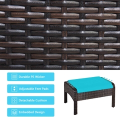 Bộ Bàn Ghế Ngoài Trời 5 Món Ottoman Xanh – Sofa Đơn + Ottoman + Bàn Kính – Chất Liệu Giả Mây PE Cao Cấp