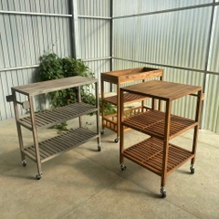 KỆ GỖ GOLDEN TEAK WITH TRAY 675026/ KỆ ĐA NĂNG CÓ BÁNH XE DI ĐỘNG CỠ LỚN– KỆ ĐẨY TRÀ, CAFE, BBQ SÂN VƯỜN, NHÀ BẾP.